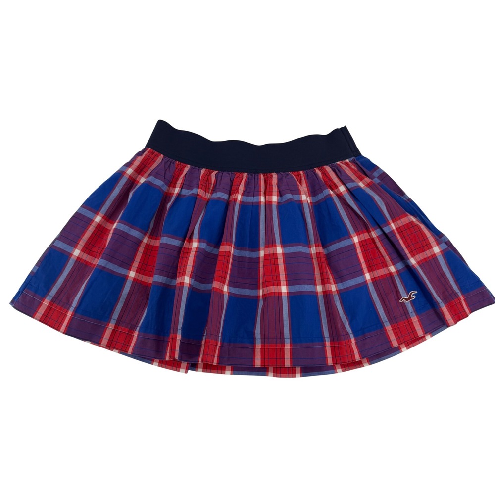Y2K‎ Hollister Red Blue Plaid Elastic Waist Skater Mini Skirt Medium Cotton